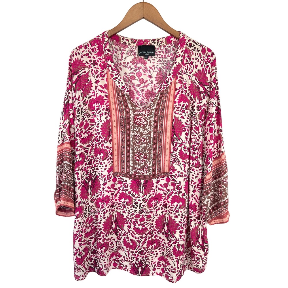 Cynthia Rowley Womans Floral Paisley Tunic Blouse 2X Pink Cottagecore Feminine